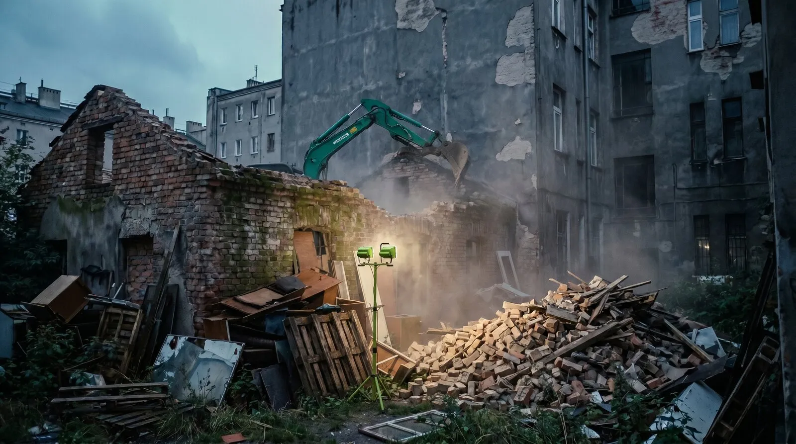 Koparka Point360 wyburza komórkę, unosi się pył, gruz spada na ziemię