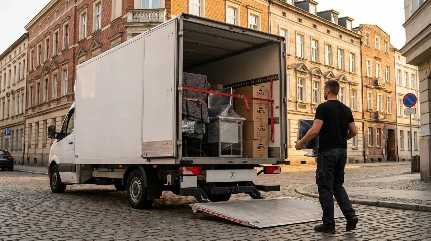 Załadunek wyposażenia biura do samochodu dostawczego z windą na ulicy
