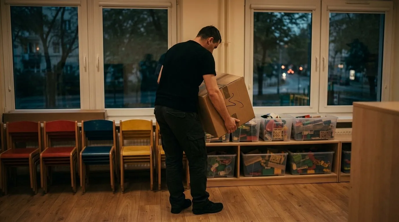 Pakowanie wyposażenia przedszkola, krzesełka dziecięce i pojemniki z zabawkami