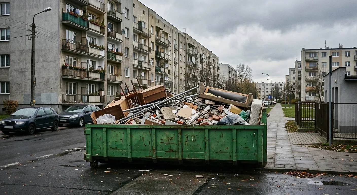 Pełny kontener z gruzem i odpadami przy bloku